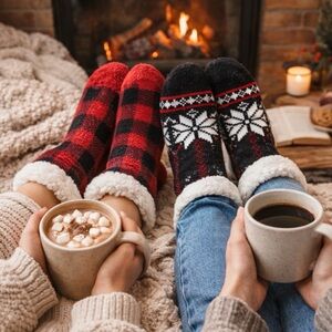 2 Pairs Muk Luks Cabin Socks Plush Lined Cozy Lounge Non-Slip Red Black